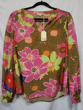 Jodifl Womens Floral Long Sleeve Split V-Neck Blouse Pink Purple Green Size S